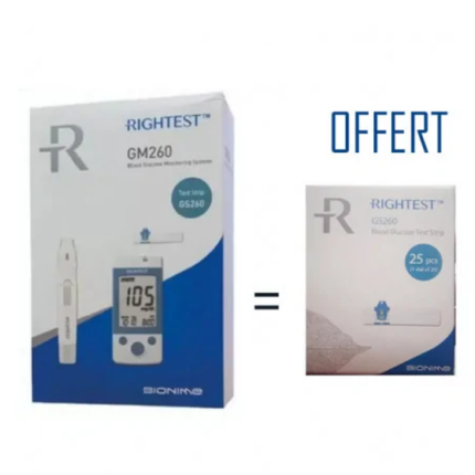 BIONIME RIGHTEST GM260 GLUCOMÈTRE LECTEUR DE GLYCÉMIE Achete + RIGHTEST GS 260 25 PIECES Offert